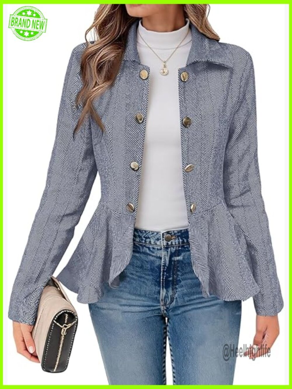 Regular Fit Blazer Peplum Hem Herringbone Open Front Business Casual